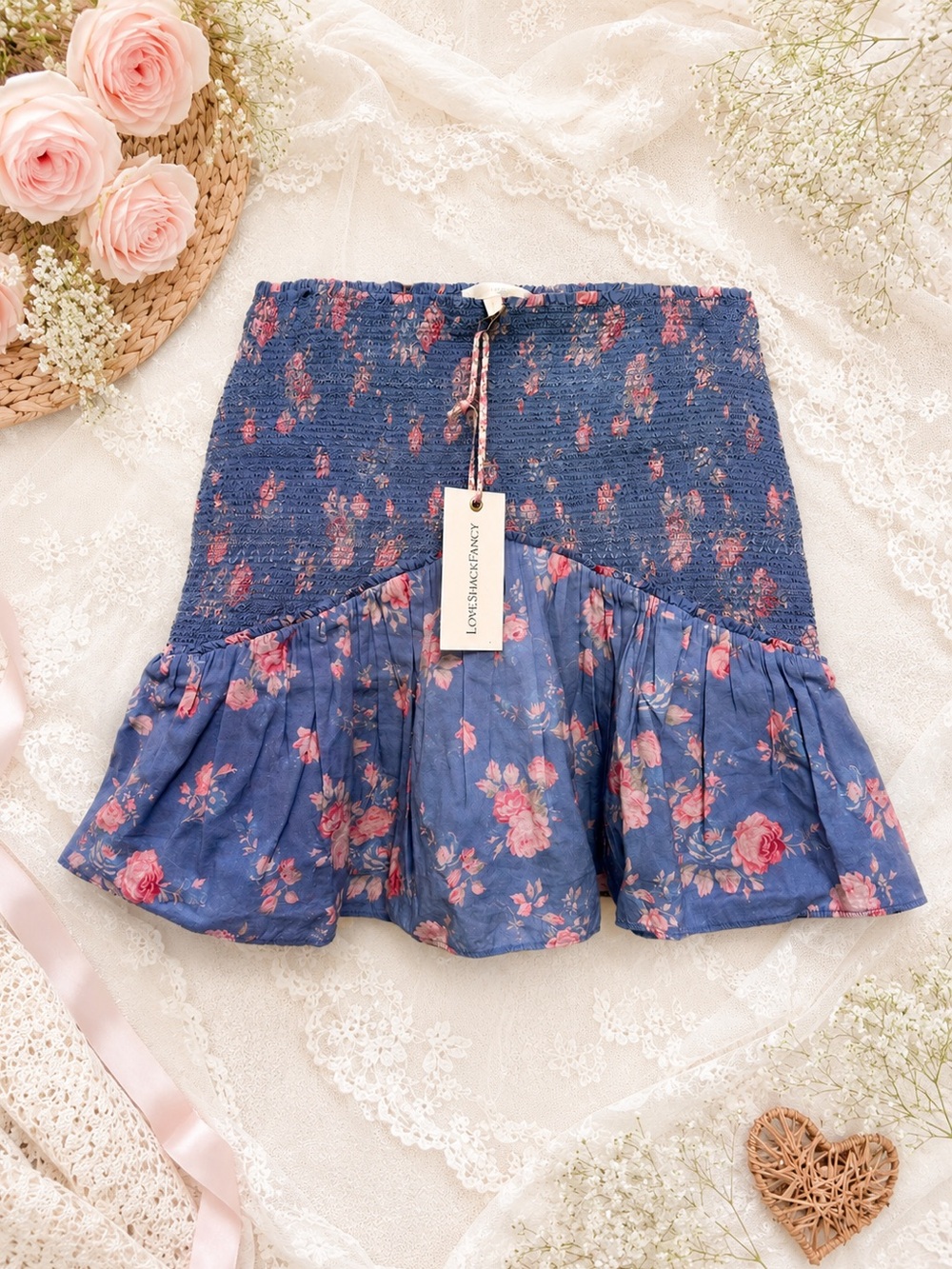 LoveShackFancy Anguilla Skirt NWT Blue Floral Smocked Mini Ruffle Size S